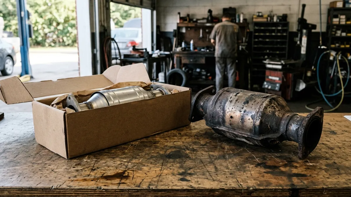 New catalytic converter in plain packaging next to a rusty used one on a counter