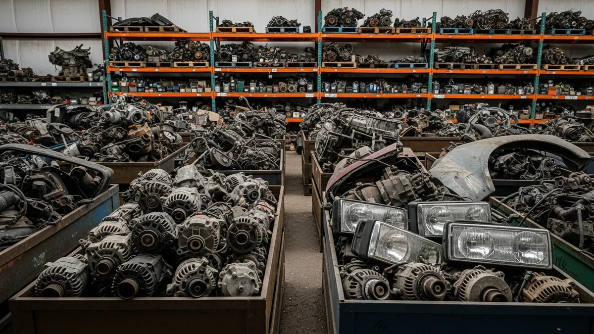 Shelves of removed alternators, starters and headlight assemblies in a salvage yard warehouse