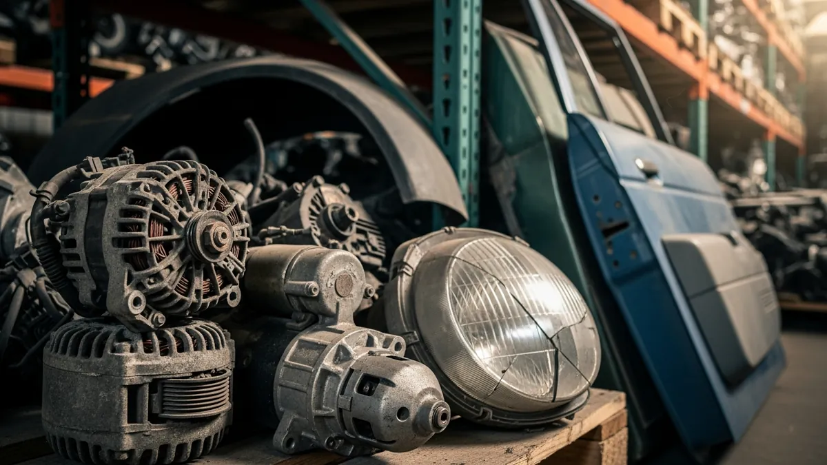Used body panels and mechanical parts stacked on pallets inside an auto recycler warehouse
