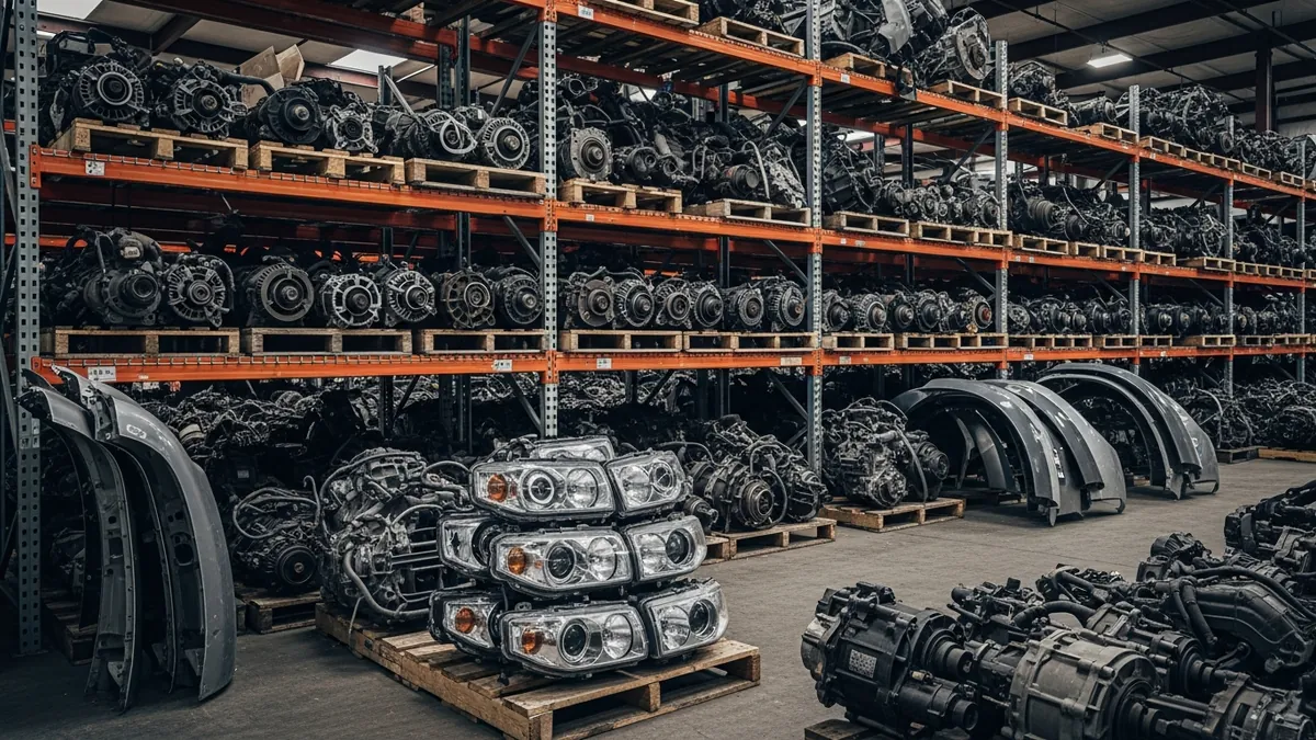Shelves of removed alternators, starters and headlight assemblies in a salvage yard warehouse