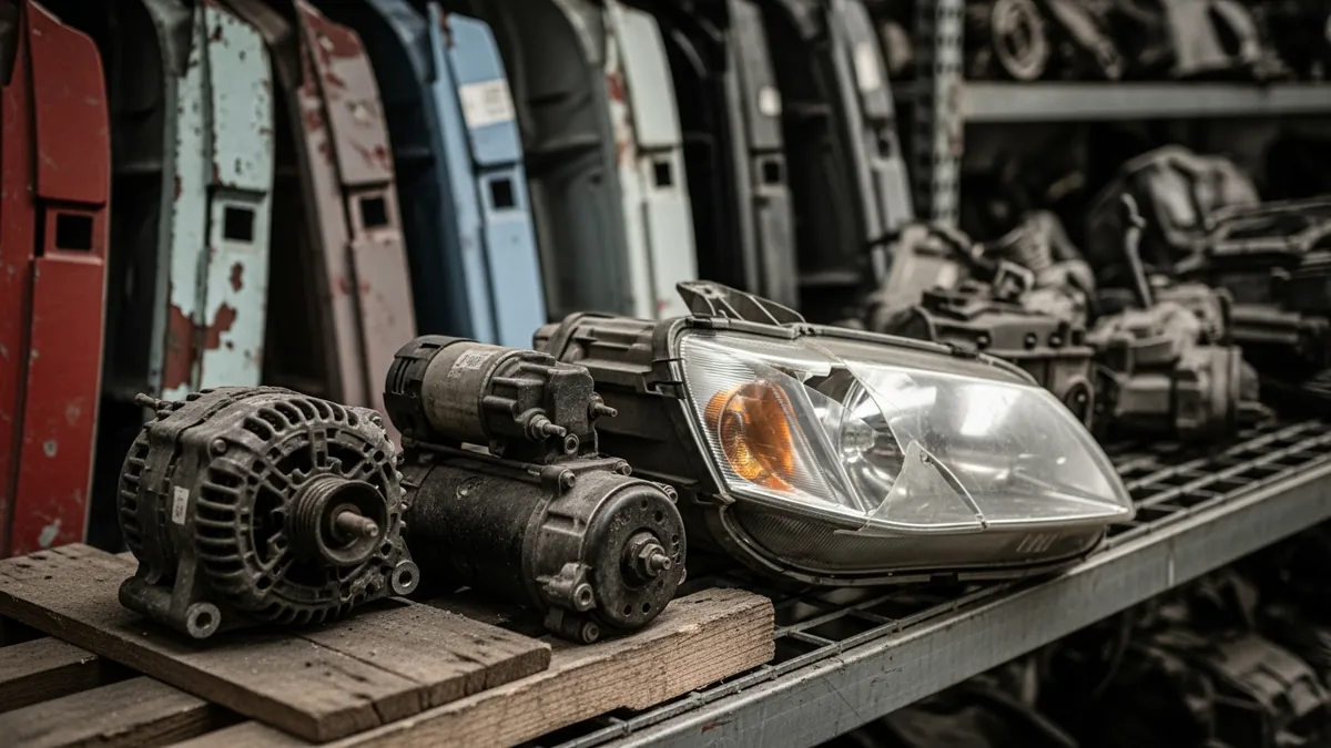 Used body panels and mechanical parts stacked on pallets inside an auto recycler warehouse