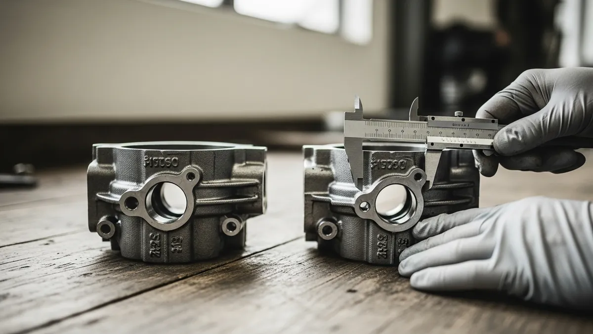 Two similar engine components placed side by side on a workbench for fitment comparison