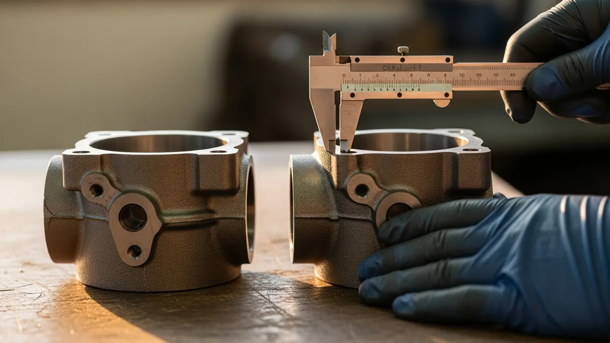 Gloved hands measuring a used part with calipers to verify it matches the original