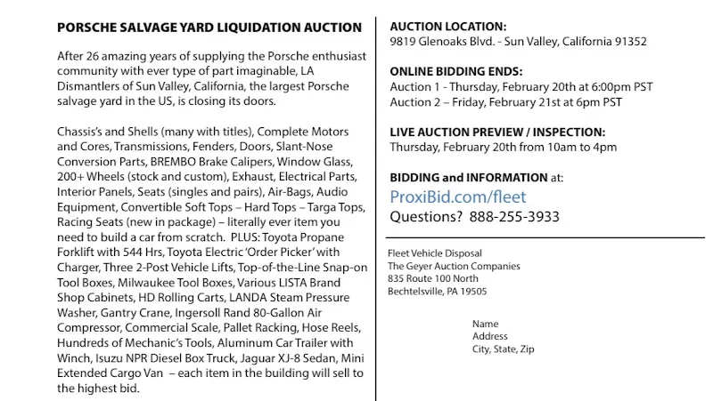 LIQUIDATING Los Angeles Dismantler Porsche Parts 911 Boxster Cayman Cayenne